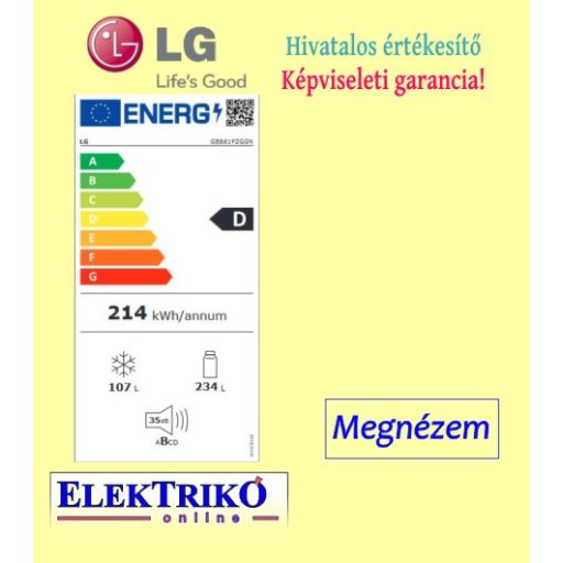    LG GBB61PZGGN alulfagyasztós hűtőszekrény szürke, D energiaosztály, Total No Frost 